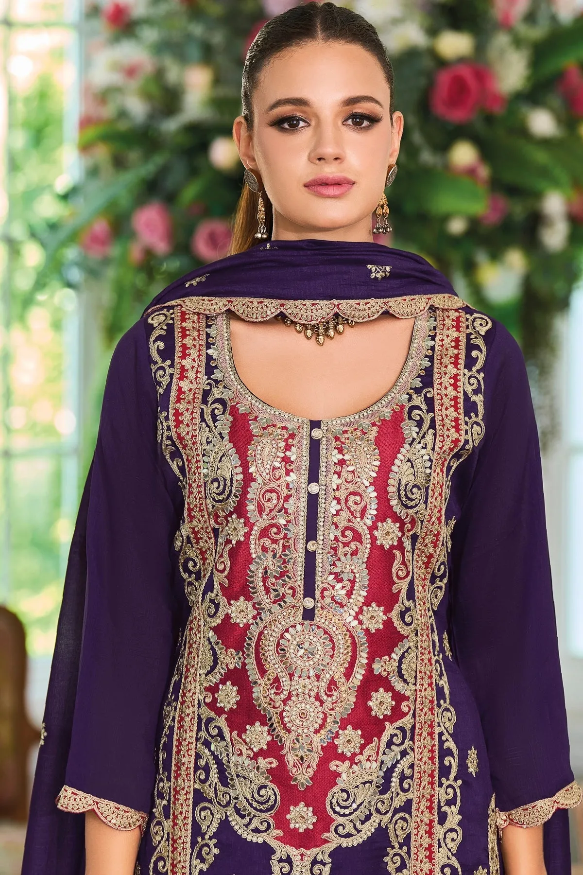 Purple Silk Embroidered Kurta Palazzo Suit