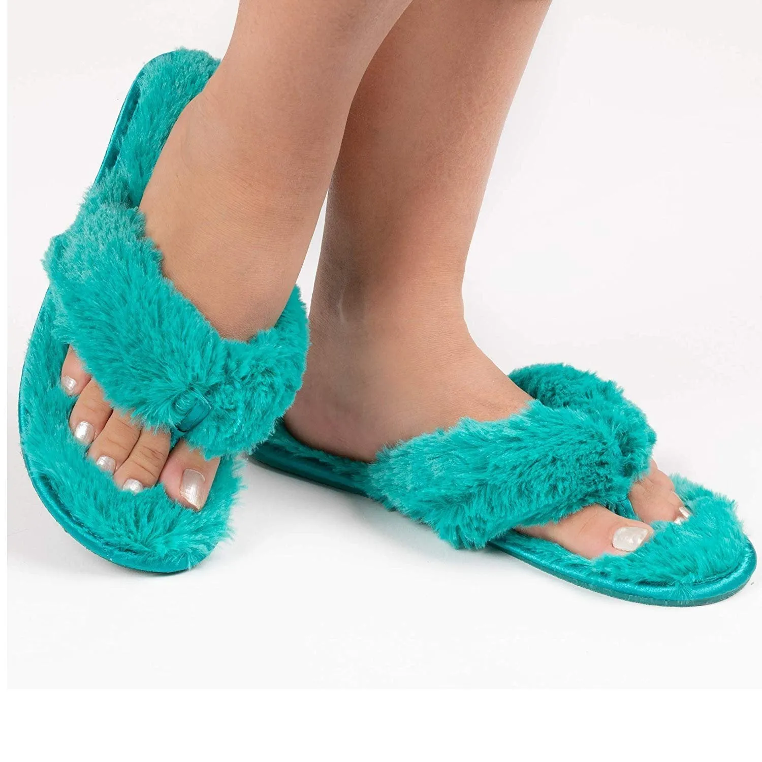 Roxoni Fuzzy House Slippers for Women  Comfortable Furry Spa Thongs  Cozy Slip On Flip Flops - Soft Insole & Rubber Outsole