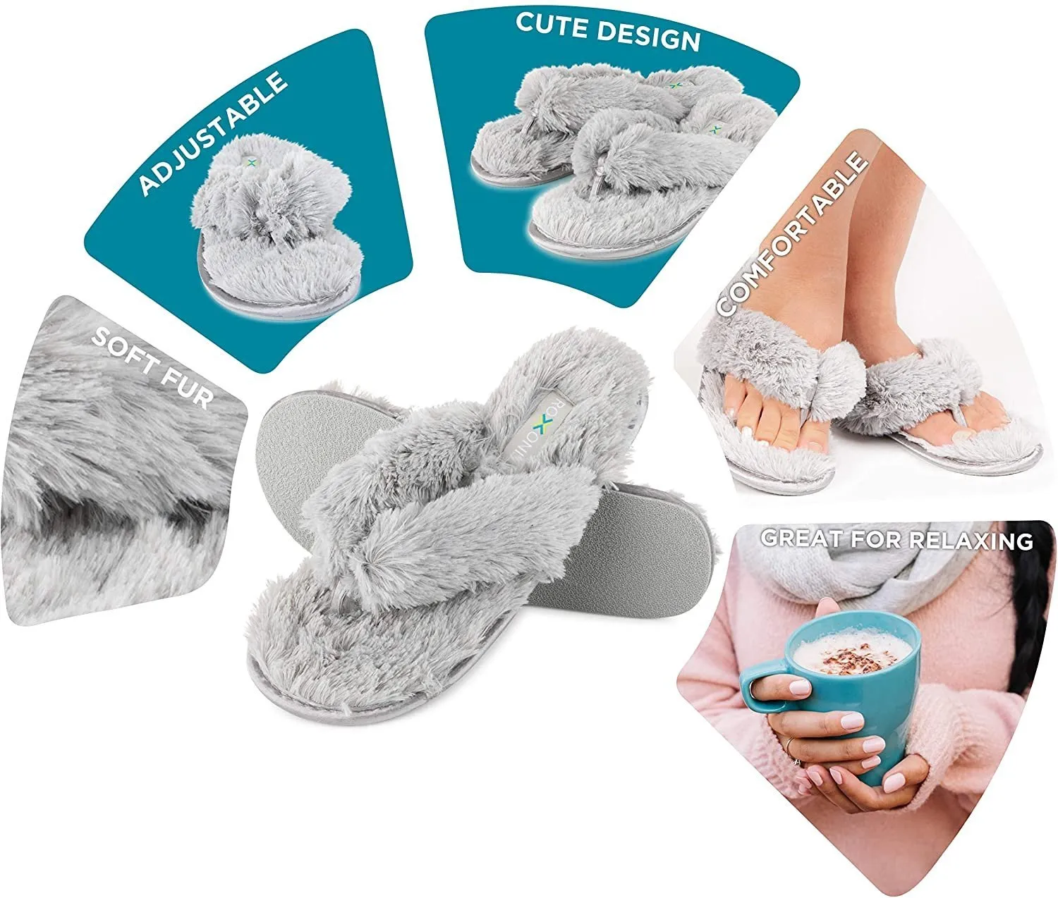 Roxoni Fuzzy House Slippers for Women  Comfortable Furry Spa Thongs  Cozy Slip On Flip Flops - Soft Insole & Rubber Outsole