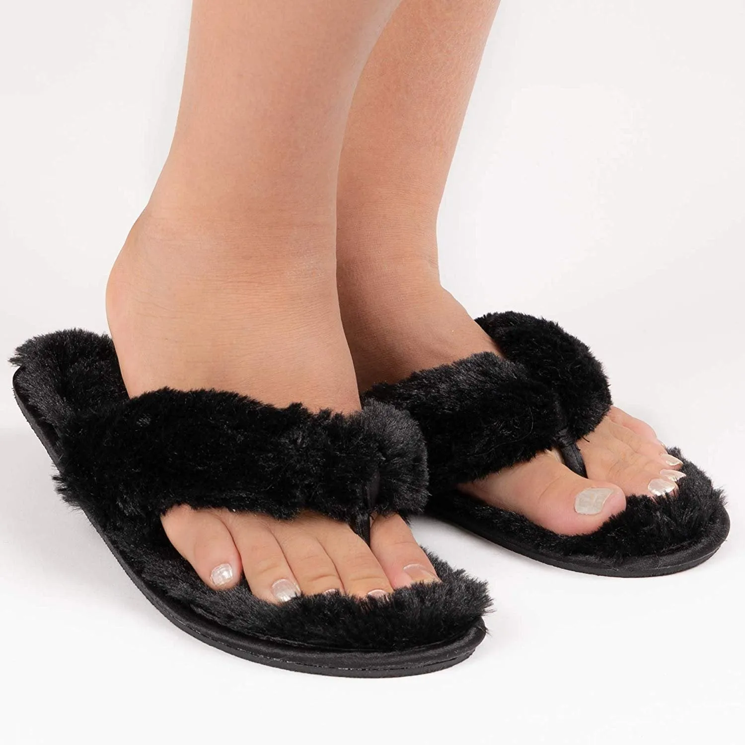 Roxoni Fuzzy House Slippers for Women  Comfortable Furry Spa Thongs  Cozy Slip On Flip Flops - Soft Insole & Rubber Outsole