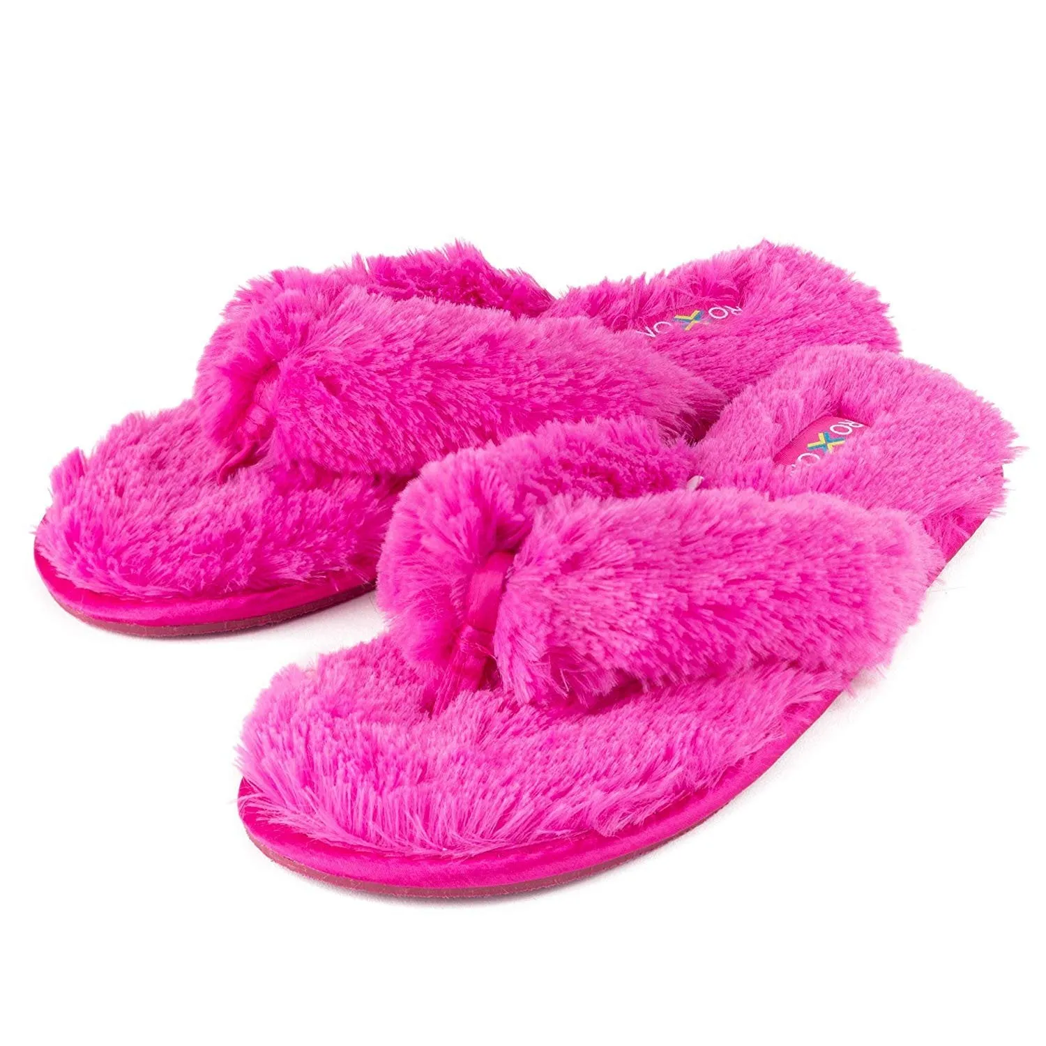 Roxoni Fuzzy House Slippers for Women  Comfortable Furry Spa Thongs  Cozy Slip On Flip Flops - Soft Insole & Rubber Outsole