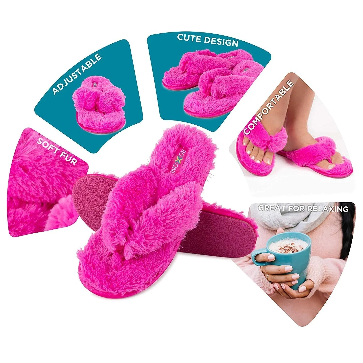 Roxoni Fuzzy House Slippers for Women  Comfortable Furry Spa Thongs  Cozy Slip On Flip Flops - Soft Insole & Rubber Outsole
