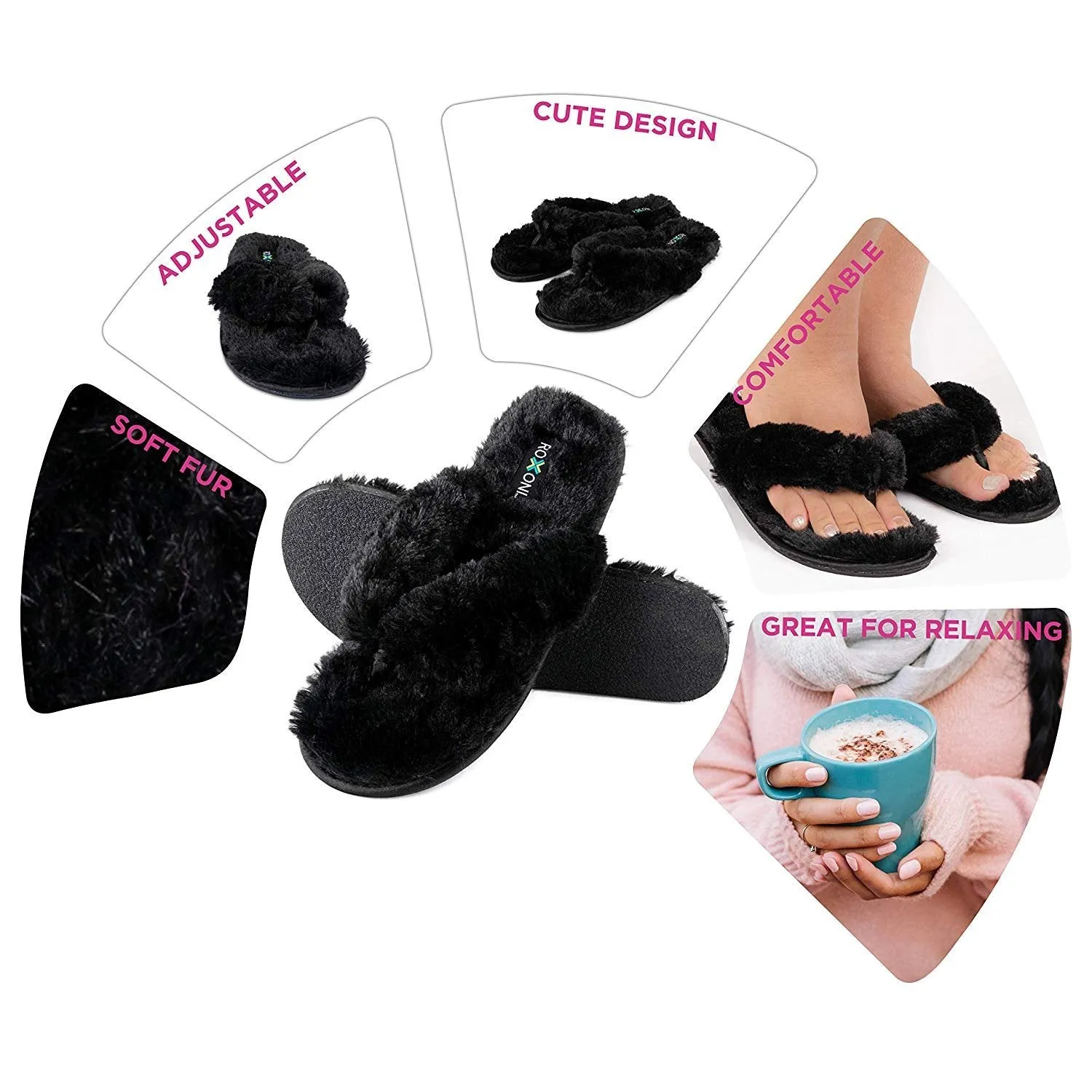 Roxoni Fuzzy House Slippers for Women  Comfortable Furry Spa Thongs  Cozy Slip On Flip Flops - Soft Insole & Rubber Outsole