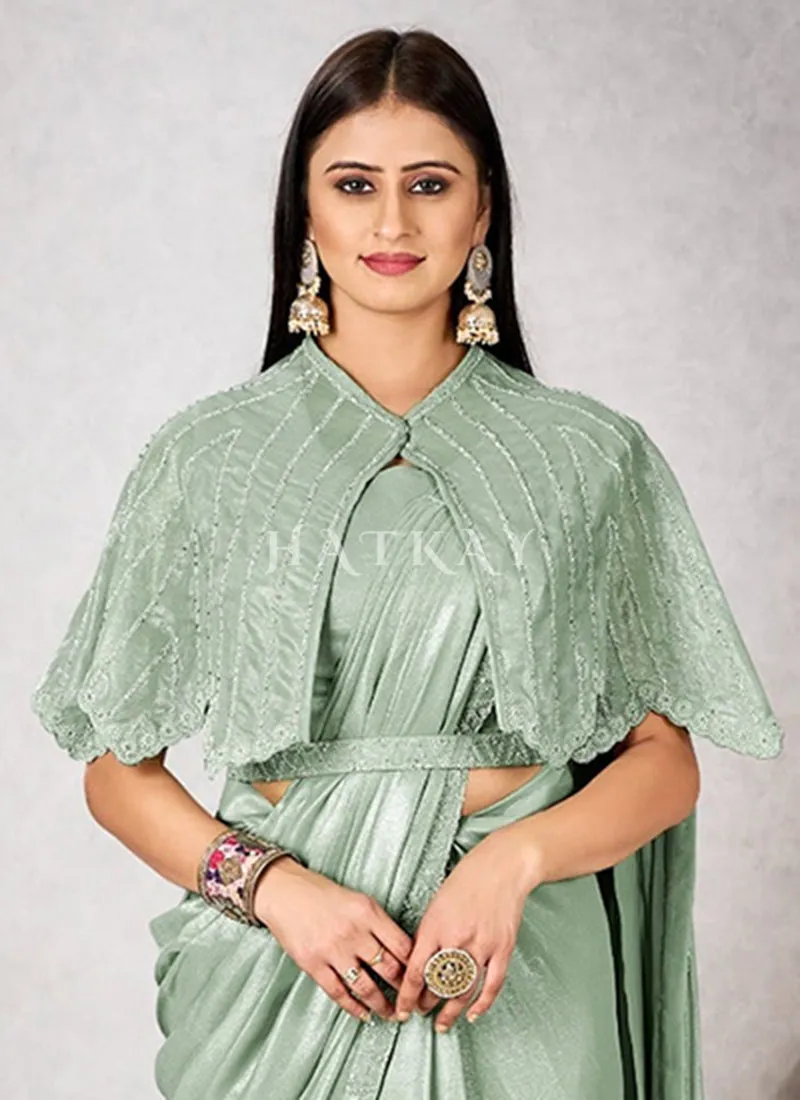 Sage Green Embroidered Party Wear Saree