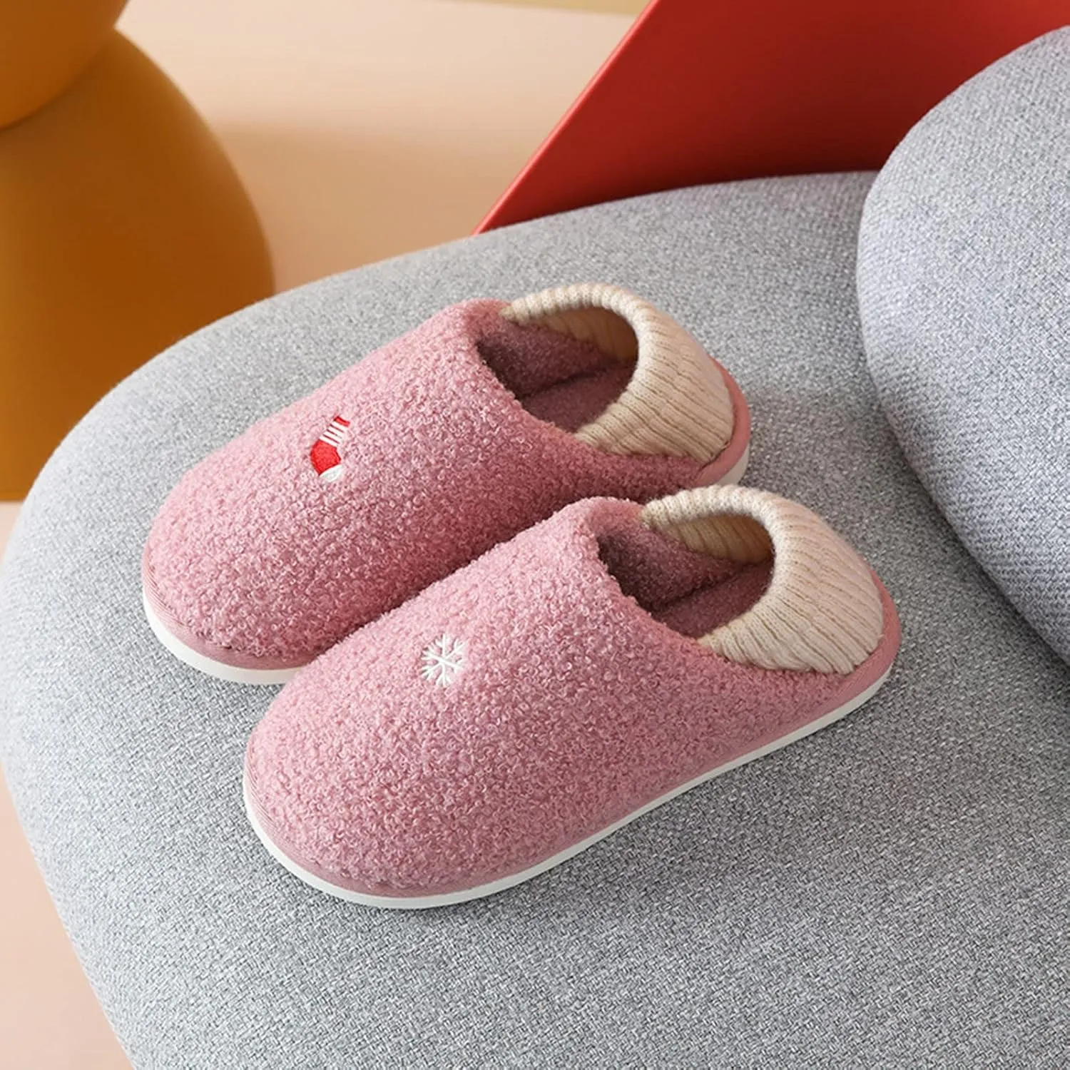 SBGMoSJ Womens Winter Warm Cozy House Fur Slippers Warming Slippers Mens Slippers Size 11.5 Wide Christmas Slippers for Men and Women Christmas Ribbon Gifts for Her 2023