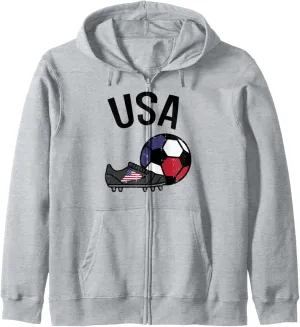 USA Flag Soccer Ball Shoes Football Fan Men Women Boys Kids Zip Hoodie
