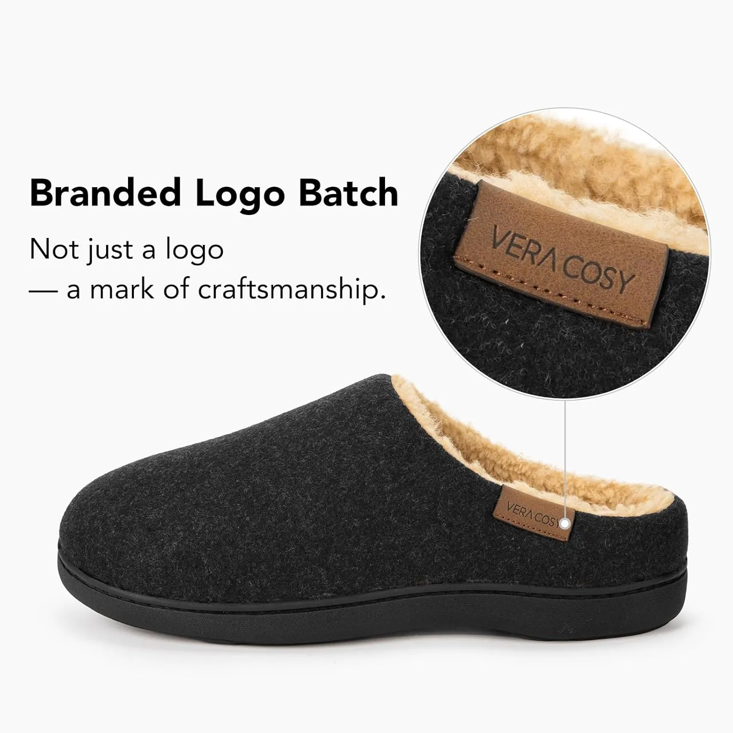 VeraCosy Men's Wool Felt Slippers with Comfy Fuzzy Faux Sherpa Slip-on Memory Foam for Indoor House