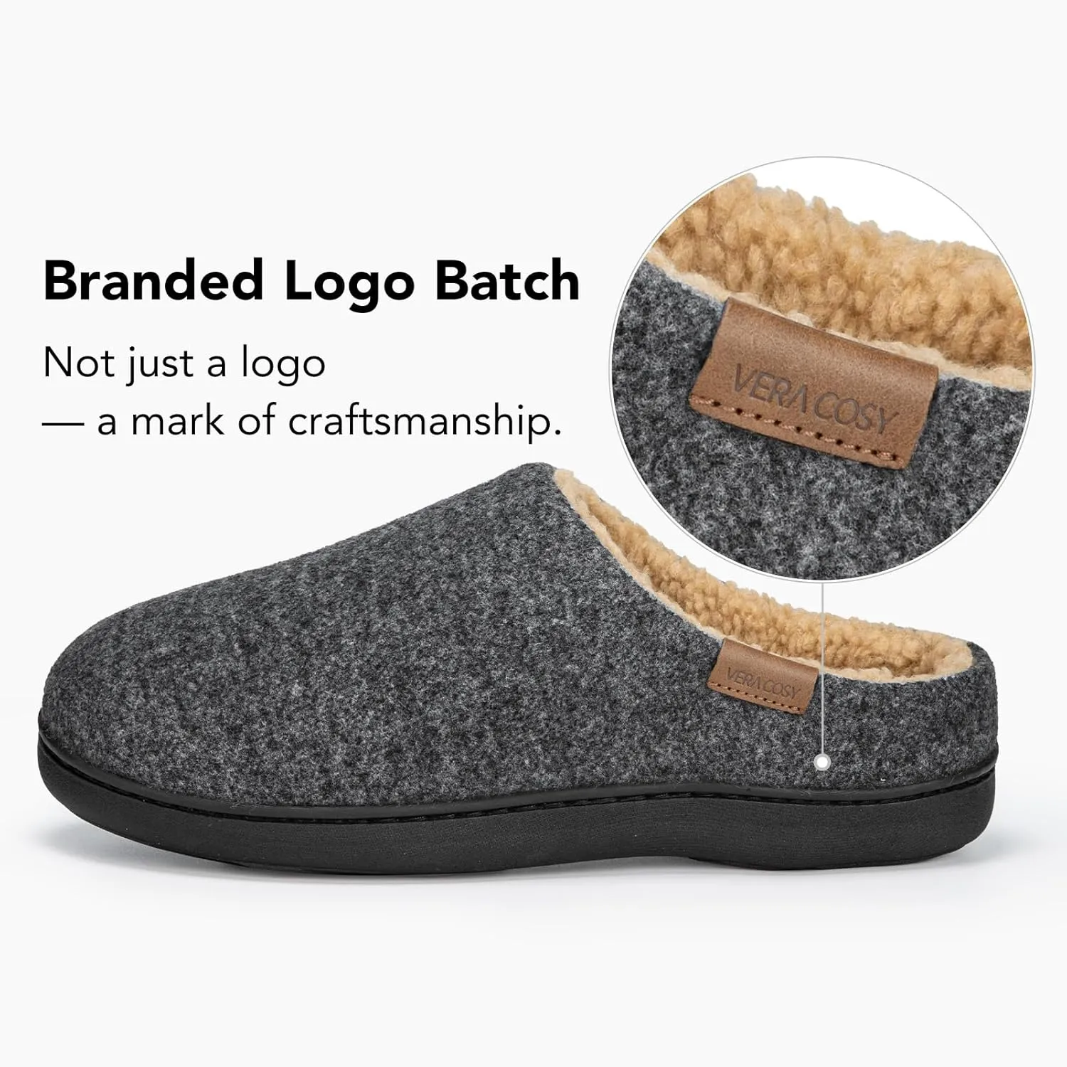 VeraCosy Men's Wool Felt Slippers with Comfy Fuzzy Faux Sherpa Slip-on Memory Foam for Indoor House