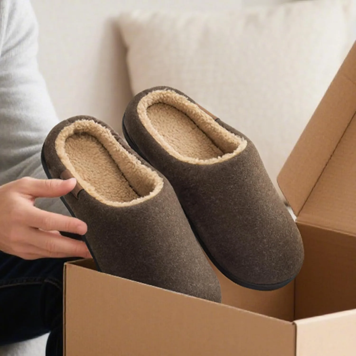 VeraCosy Men's Wool Felt Slippers with Comfy Fuzzy Faux Sherpa Slip-on Memory Foam for Indoor House