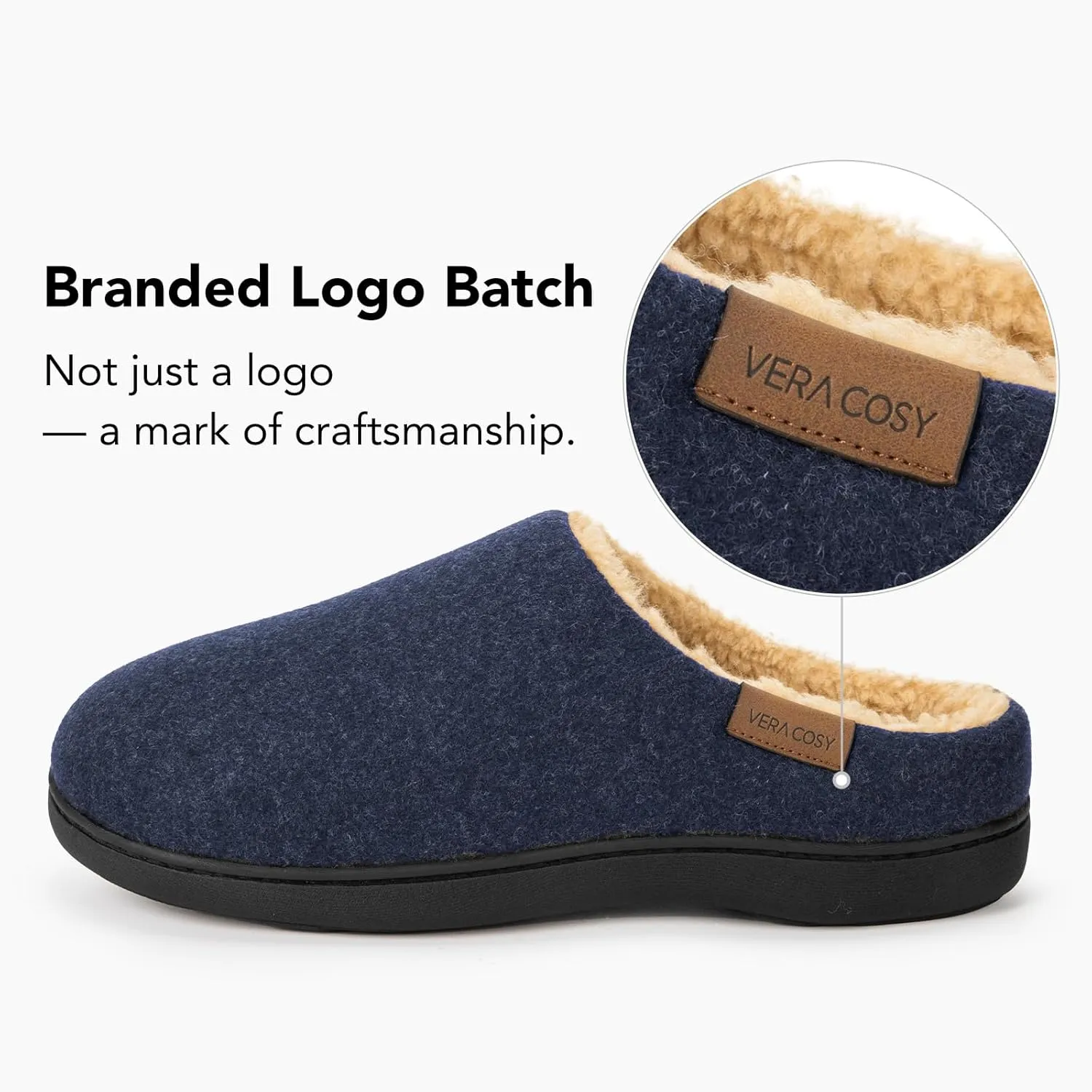VeraCosy Men's Wool Felt Slippers with Comfy Fuzzy Faux Sherpa Slip-on Memory Foam for Indoor House