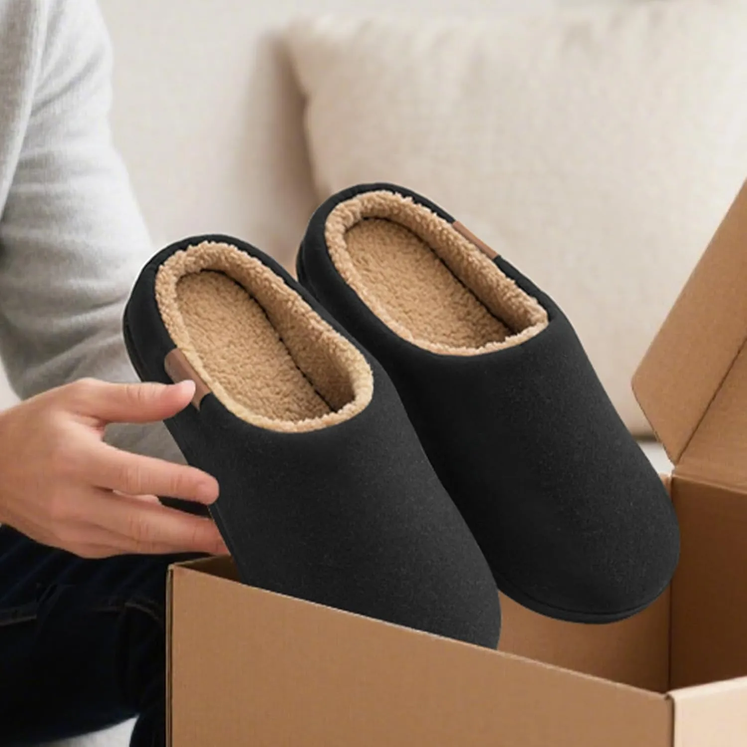 VeraCosy Men's Wool Felt Slippers with Comfy Fuzzy Faux Sherpa Slip-on Memory Foam for Indoor House