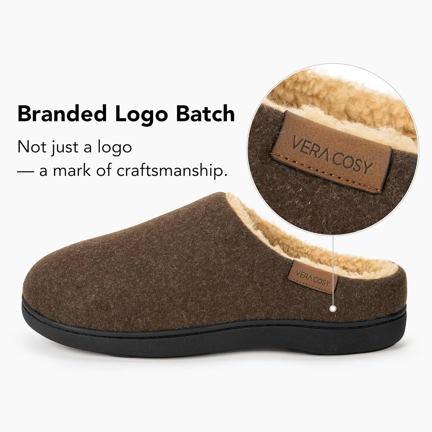 VeraCosy Men's Wool Felt Slippers with Comfy Fuzzy Faux Sherpa Slip-on Memory Foam for Indoor House