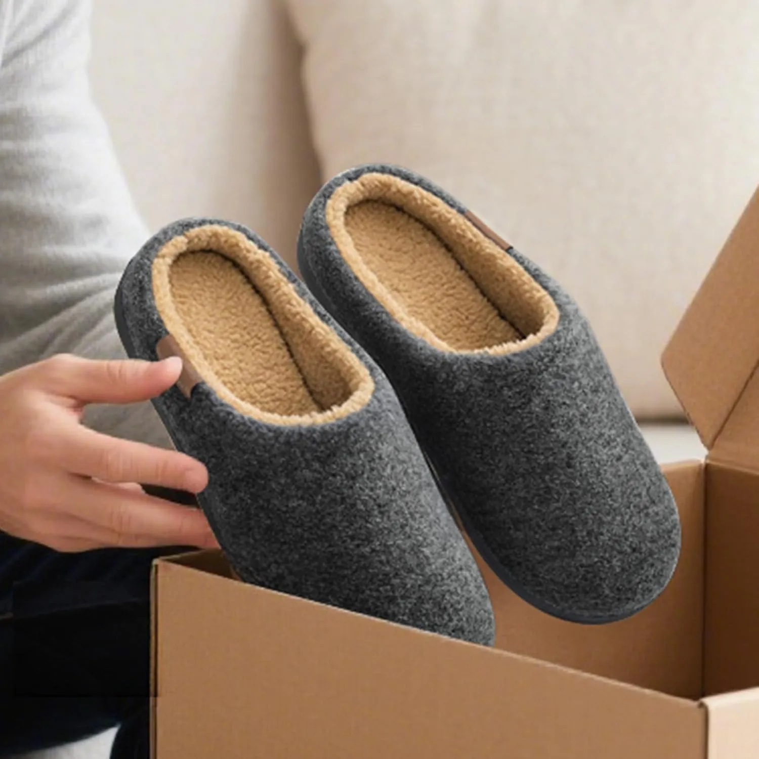 VeraCosy Men's Wool Felt Slippers with Comfy Fuzzy Faux Sherpa Slip-on Memory Foam for Indoor House
