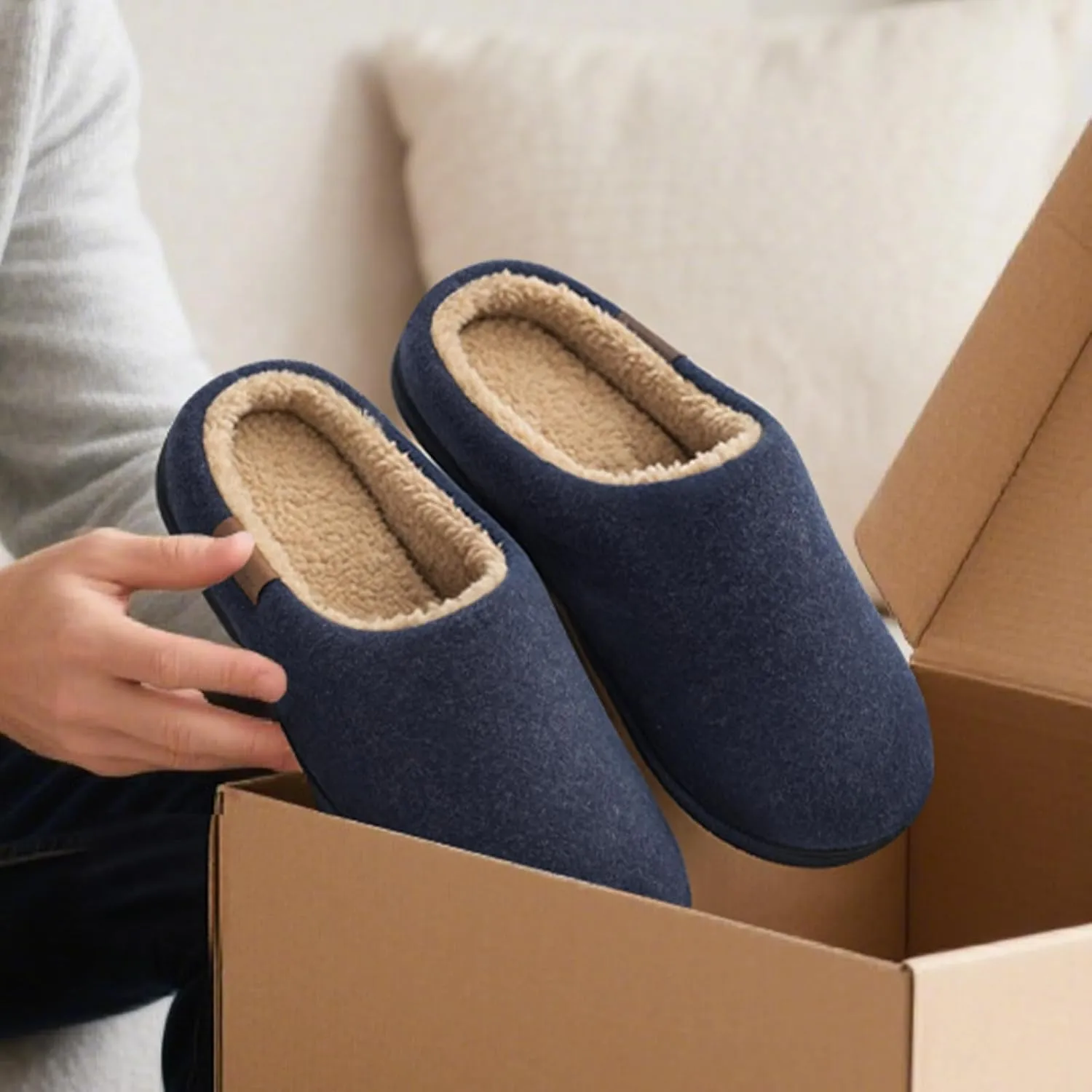 VeraCosy Men's Wool Felt Slippers with Comfy Fuzzy Faux Sherpa Slip-on Memory Foam for Indoor House