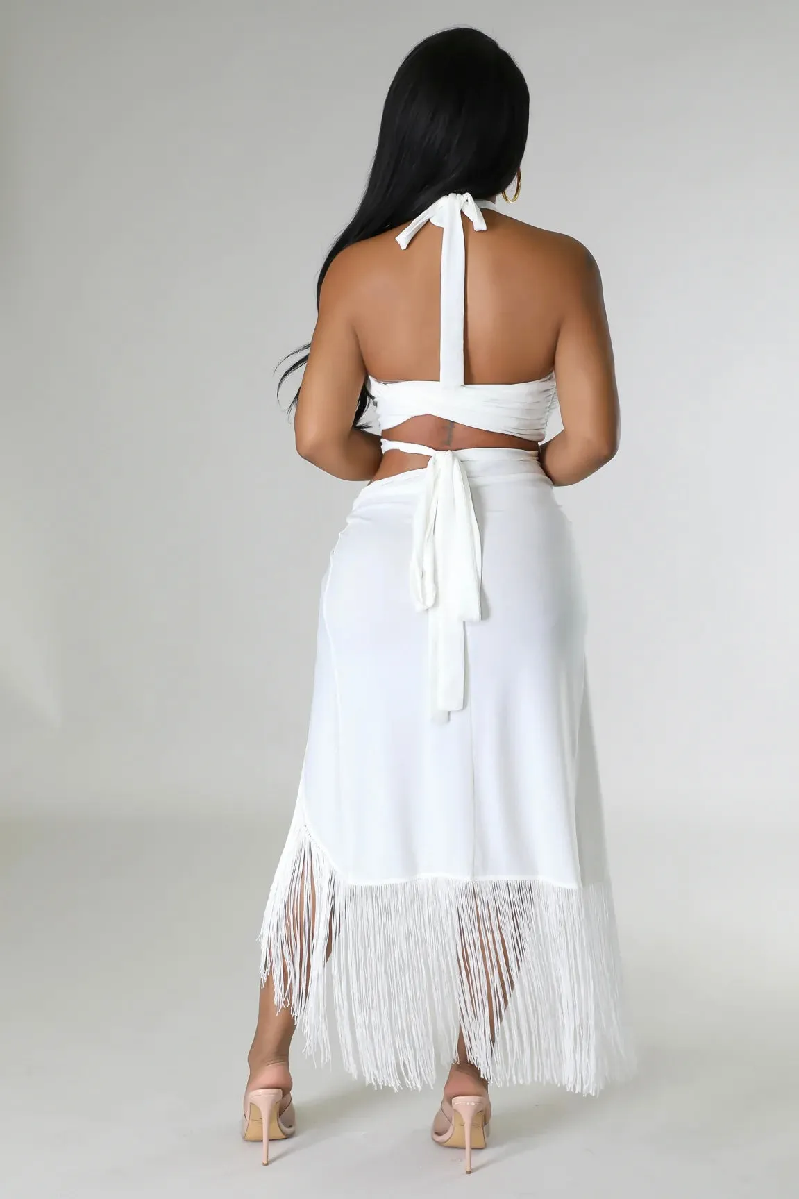 White Backless Halter Top & Wrap Set: Opulent Beach Oasis