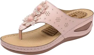 Women Wedge Sandals Flowers Orthopedic Clip Toe Sandals Summer Comfortable Flip Flops with Arch Suppor Casual Shoes
