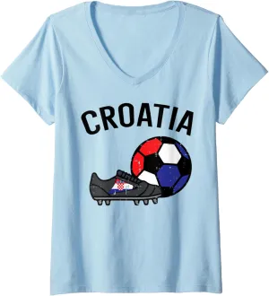 Womens Croatia Flag Soccer Ball Shoes Football Fan Men Women Kids V-Neck T-Shirt