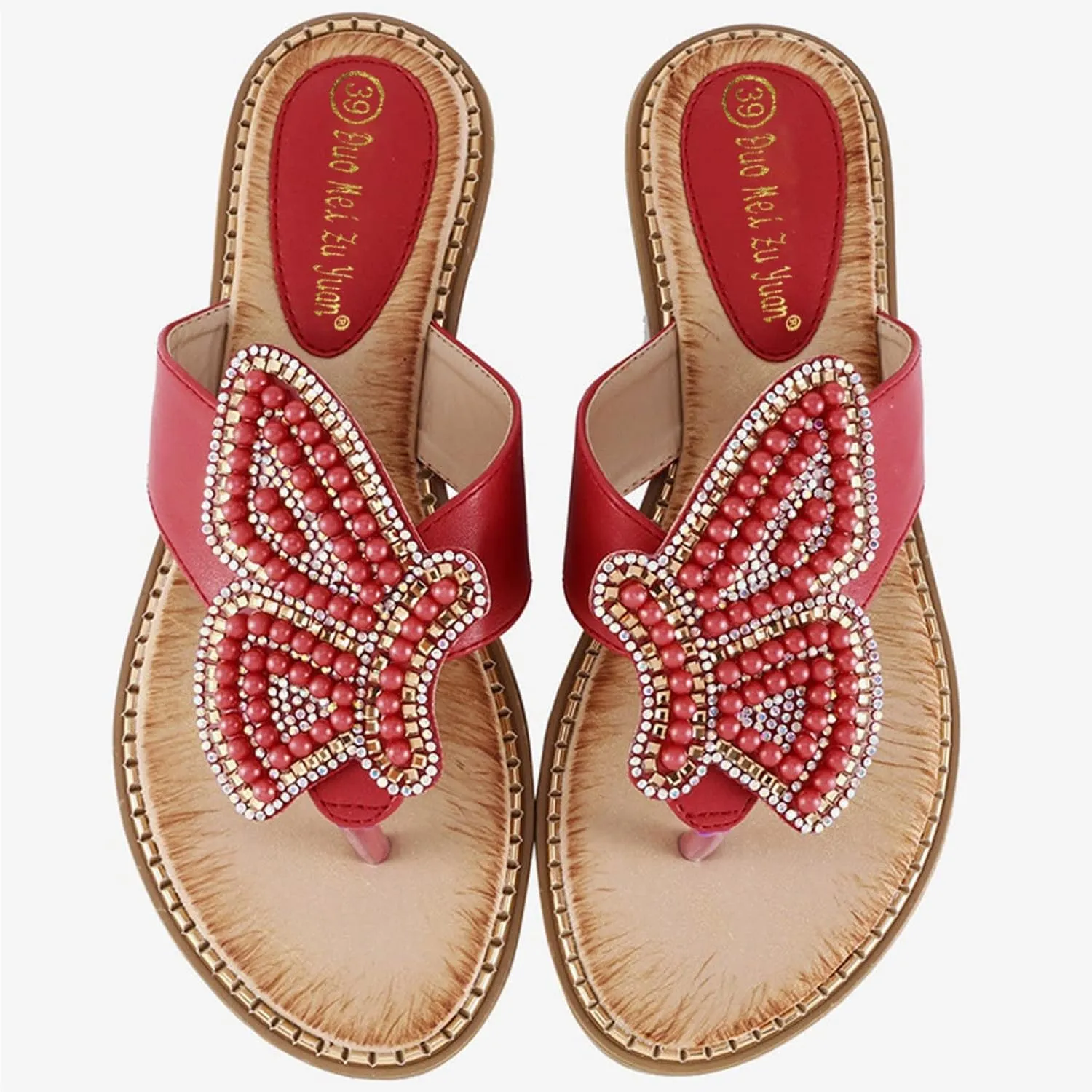 Women's Flip Flops Butterfly Pearl Sequins Clip Toe Sandal Bohemia Summer T-Strap Dress Shoes Slingback Flats