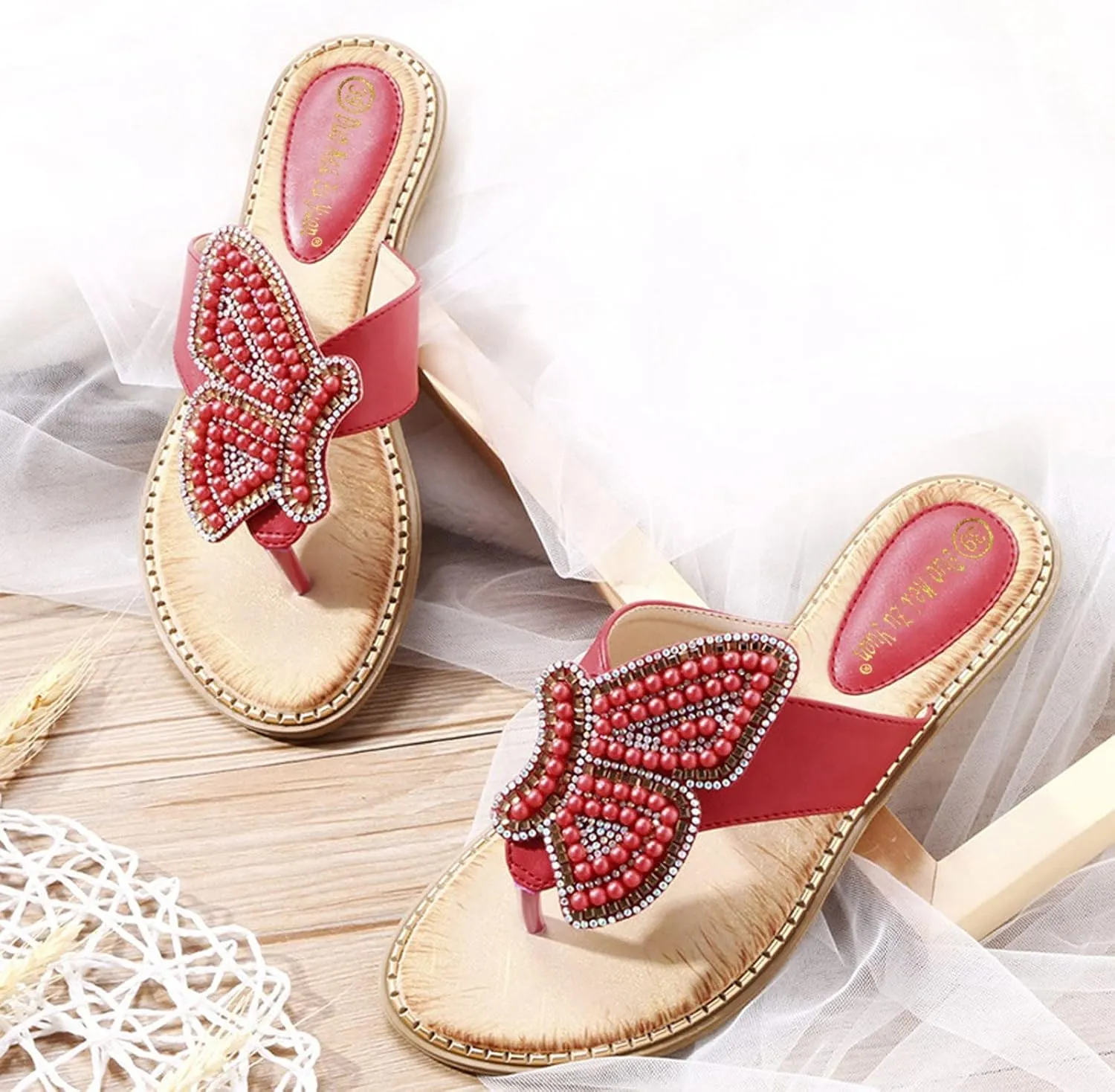 Women's Flip Flops Butterfly Pearl Sequins Clip Toe Sandal Bohemia Summer T-Strap Dress Shoes Slingback Flats