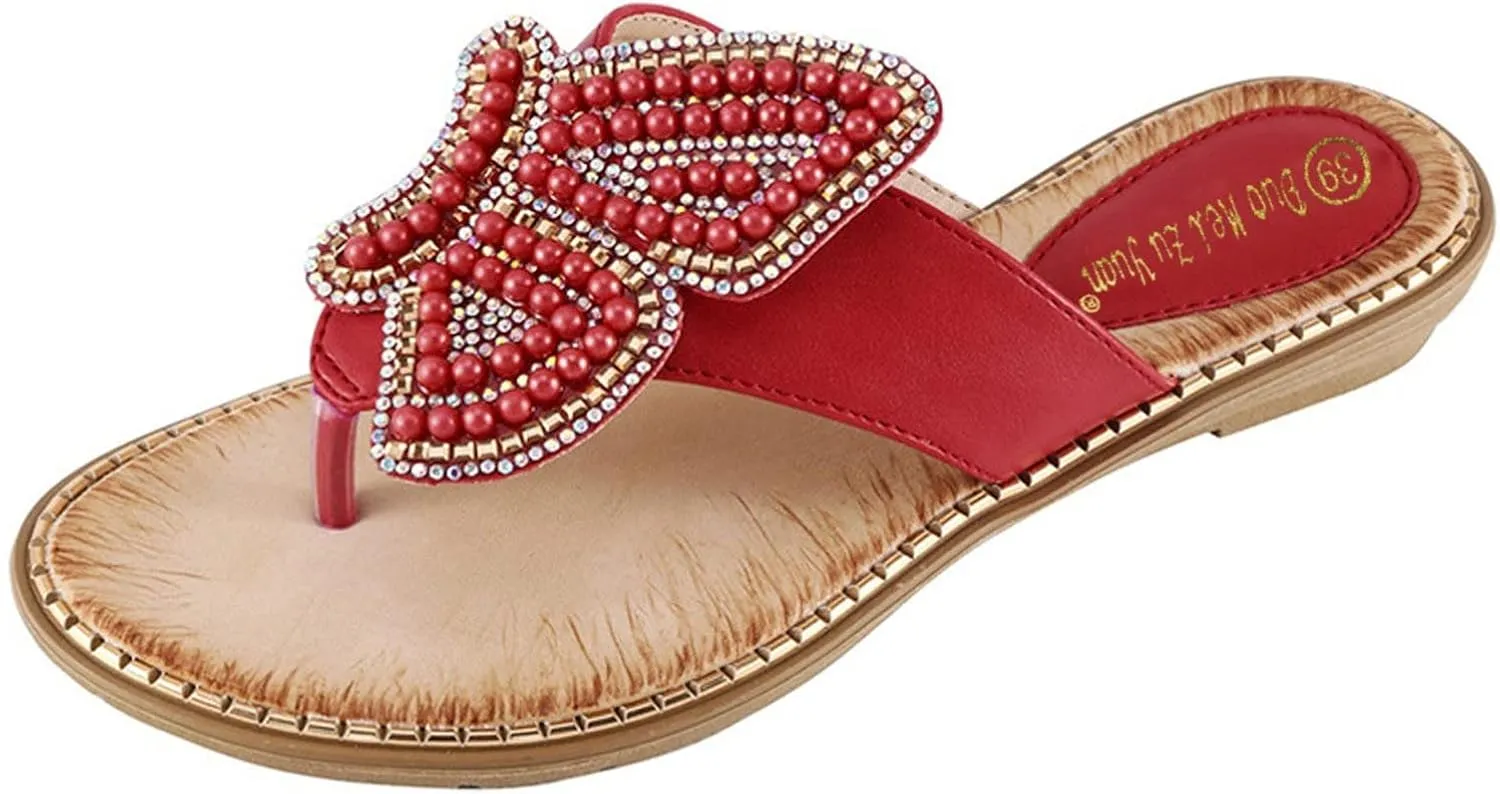Women's Flip Flops Butterfly Pearl Sequins Clip Toe Sandal Bohemia Summer T-Strap Dress Shoes Slingback Flats