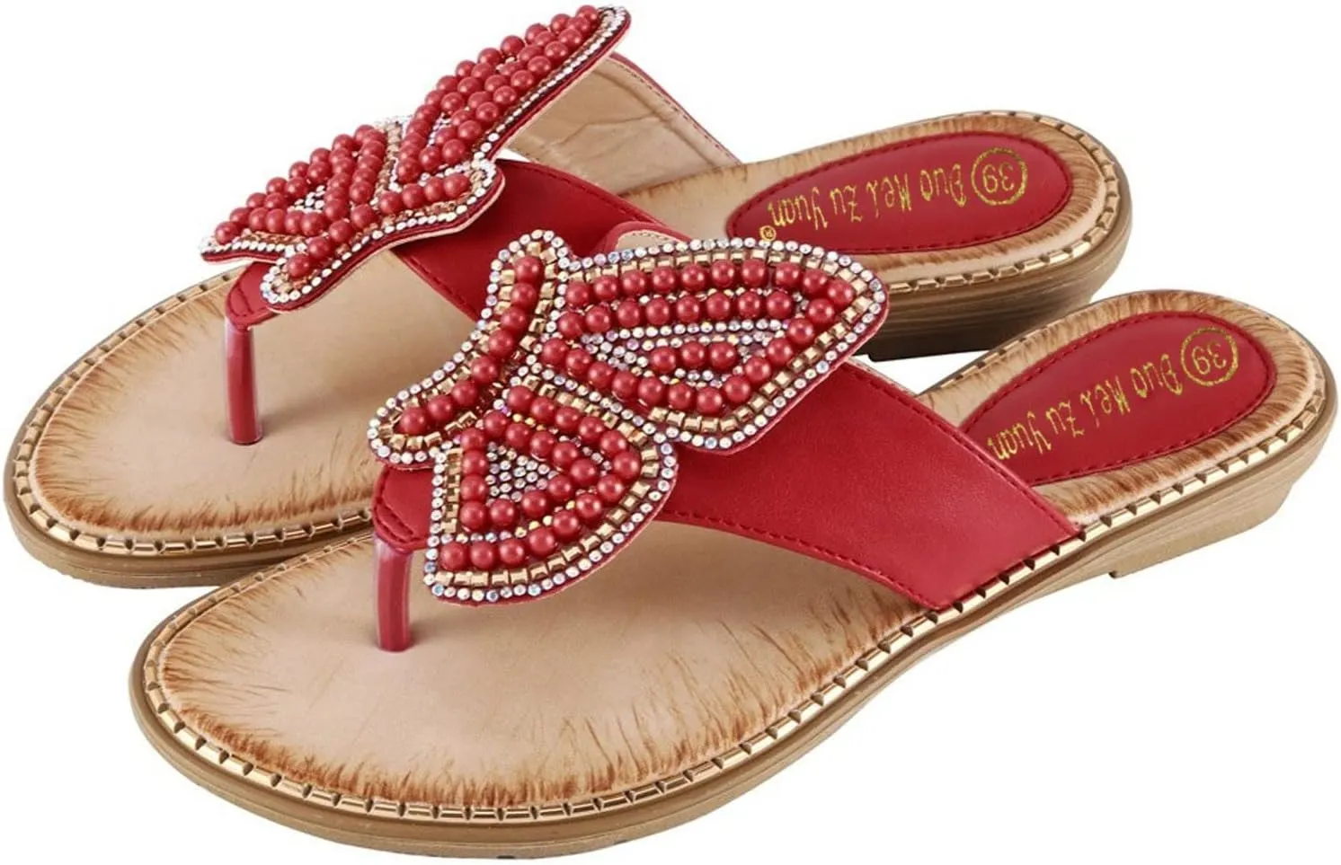 Women's Flip Flops Butterfly Pearl Sequins Clip Toe Sandal Bohemia Summer T-Strap Dress Shoes Slingback Flats