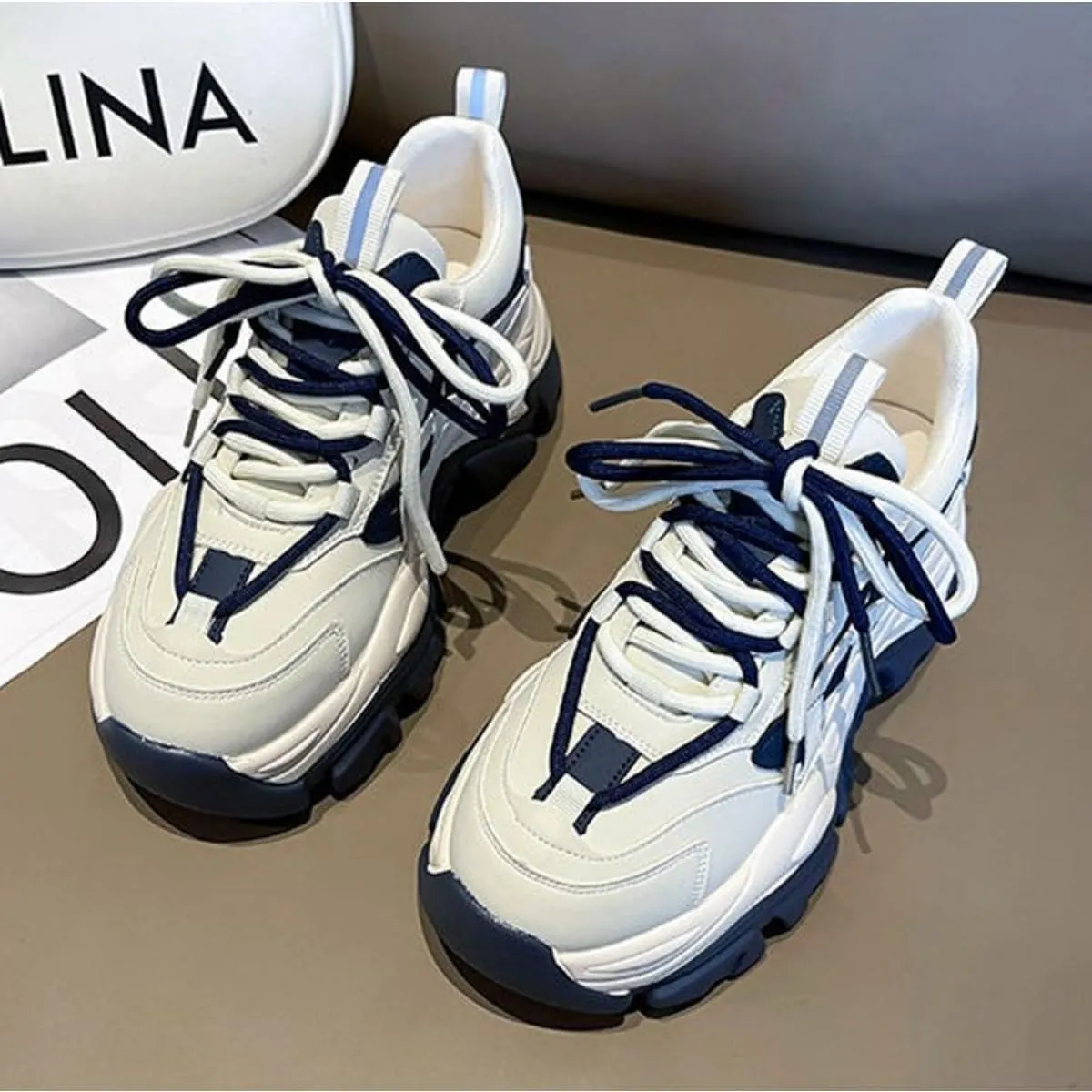 Women's Navy Blue & White Chunky Dad Sneakers - 2 Inches Platform Sole Fashion Athletic Shoes - Retro Thick Soled Walking Shoes