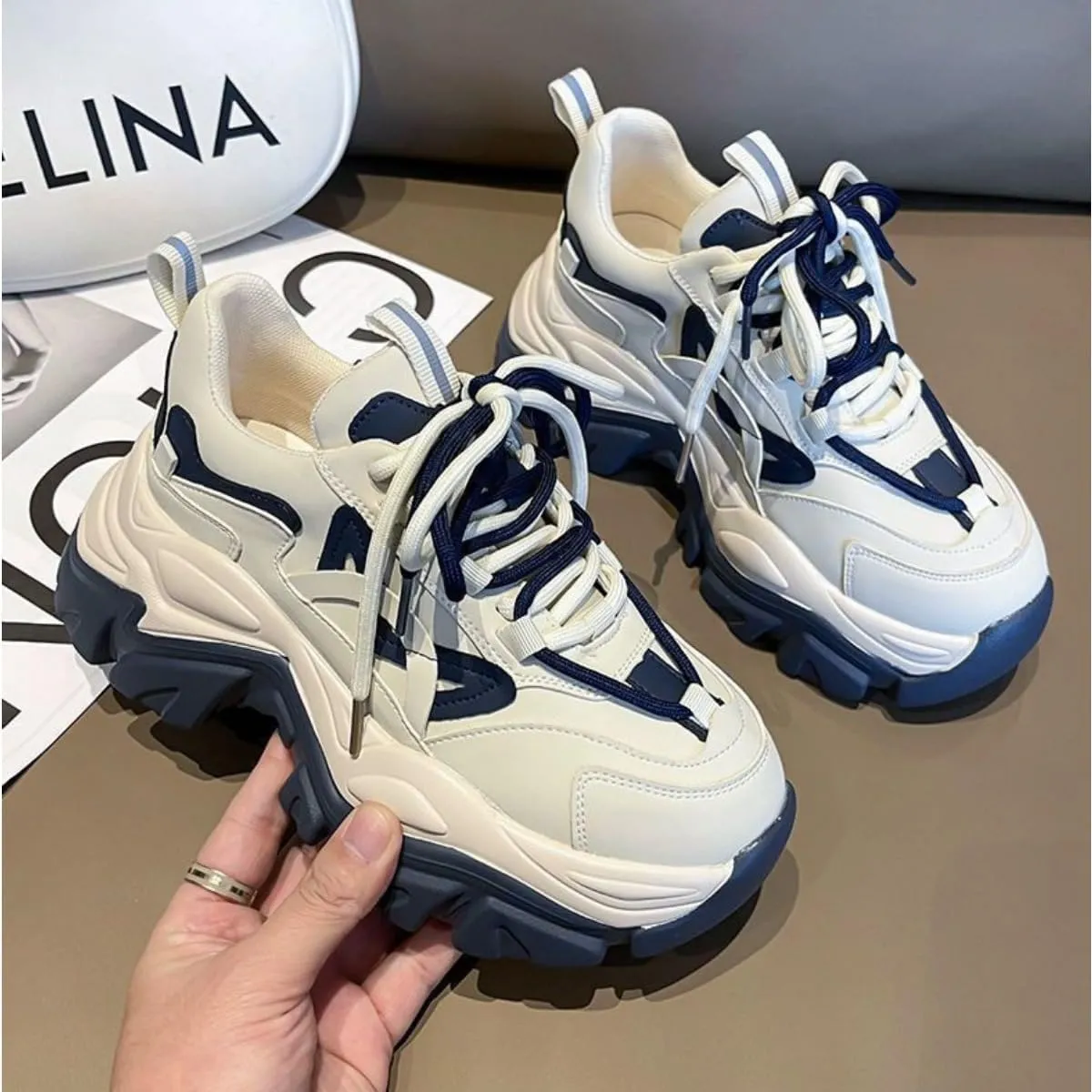 Women's Navy Blue & White Chunky Dad Sneakers - 2 Inches Platform Sole Fashion Athletic Shoes - Retro Thick Soled Walking Shoes