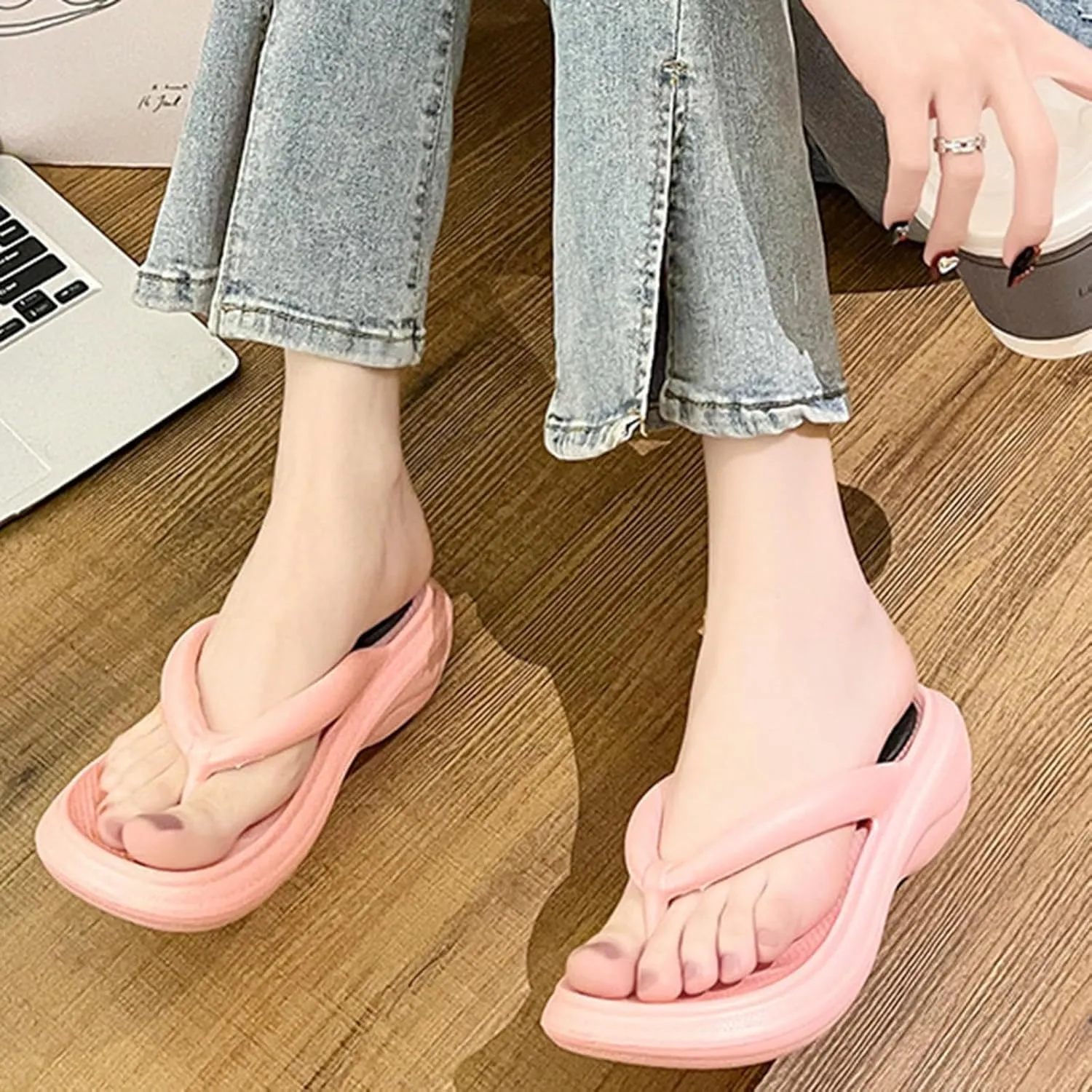 Womens Pillow Flip Flops with Arch Support Beach Walking Slides Block Heel Wedged Slippers Summer Dress Sandals