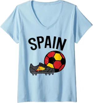 Womens Spain Flag Soccer Ball Shoes Football Fan Men Women Kids V-Neck T-Shirt