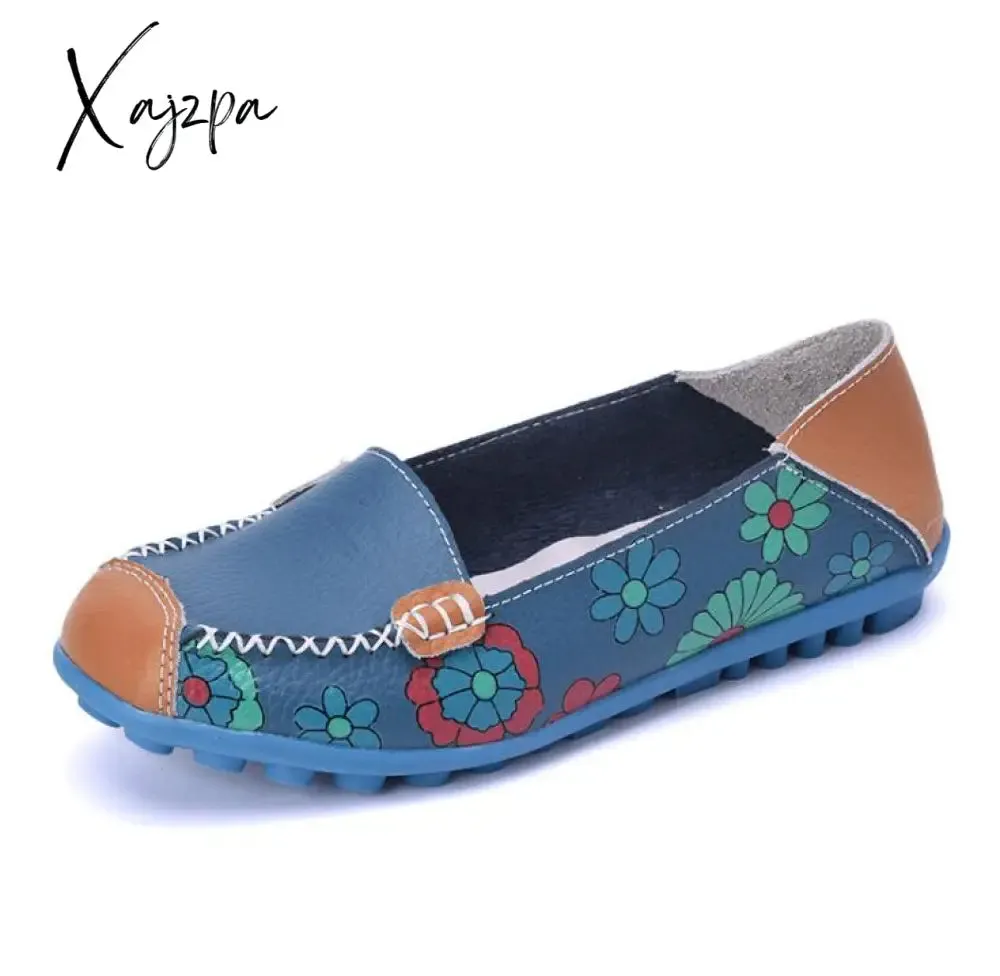Xajzpa - spring autumn women flats genuine leather shoes slip on ballet flats women flats print woman shoes moccasins loafers shoes