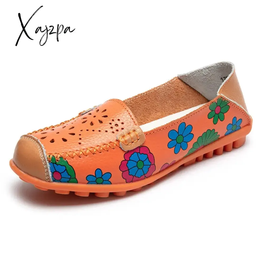 Xajzpa - spring autumn women flats genuine leather shoes slip on ballet flats women flats print woman shoes moccasins loafers shoes