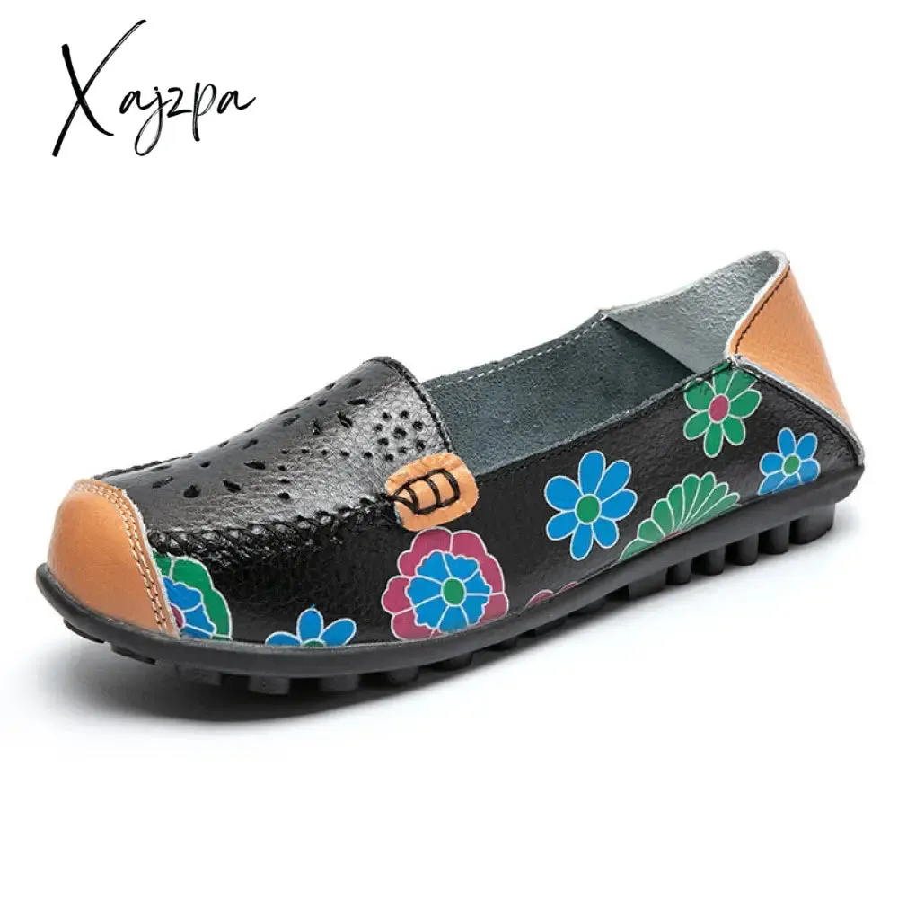 Xajzpa - spring autumn women flats genuine leather shoes slip on ballet flats women flats print woman shoes moccasins loafers shoes