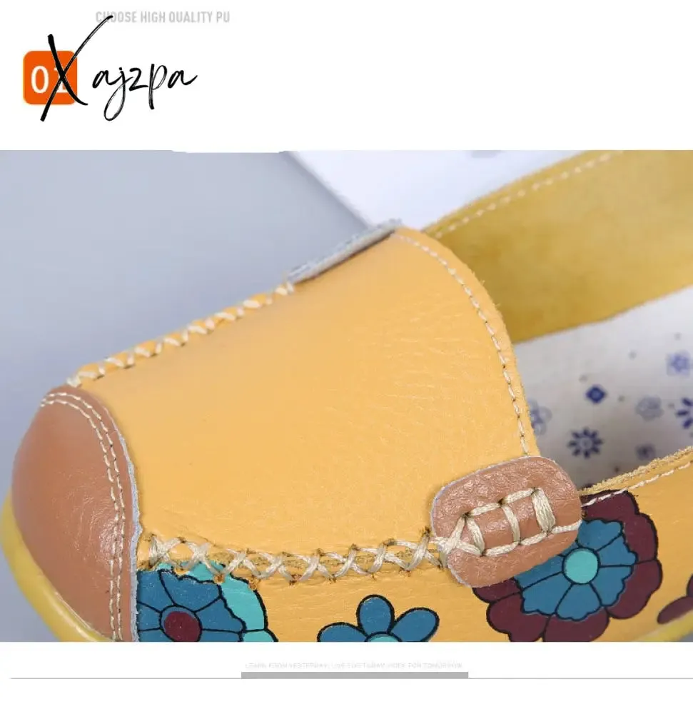 Xajzpa - spring autumn women flats genuine leather shoes slip on ballet flats women flats print woman shoes moccasins loafers shoes