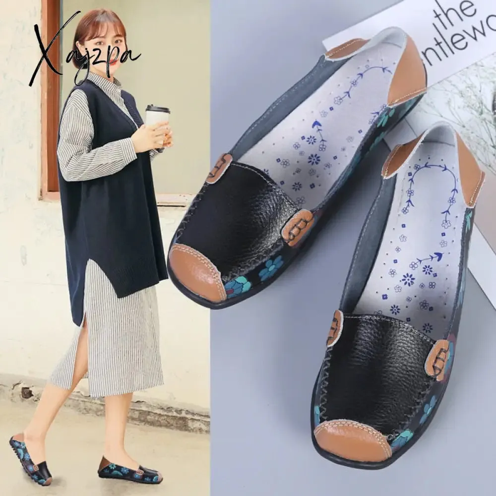 Xajzpa - spring autumn women flats genuine leather shoes slip on ballet flats women flats print woman shoes moccasins loafers shoes