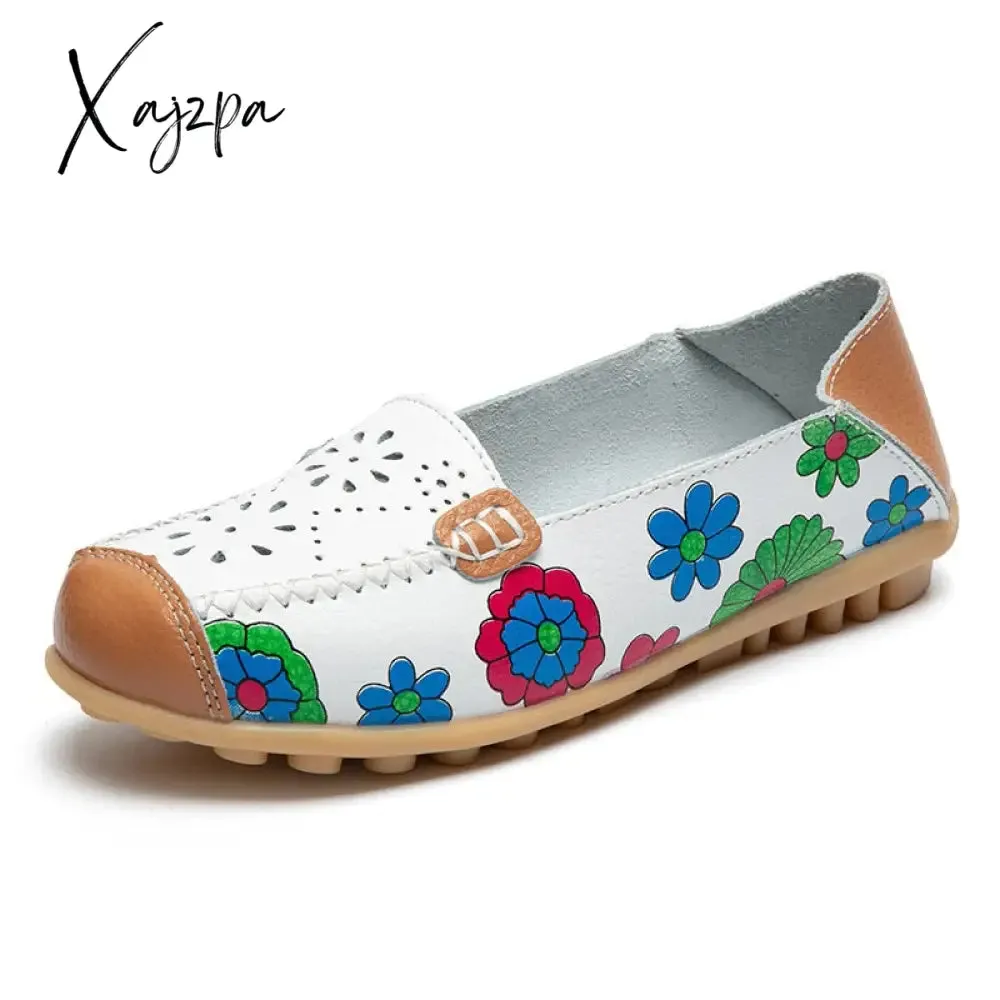 Xajzpa - spring autumn women flats genuine leather shoes slip on ballet flats women flats print woman shoes moccasins loafers shoes