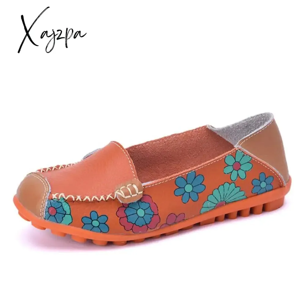 Xajzpa - spring autumn women flats genuine leather shoes slip on ballet flats women flats print woman shoes moccasins loafers shoes