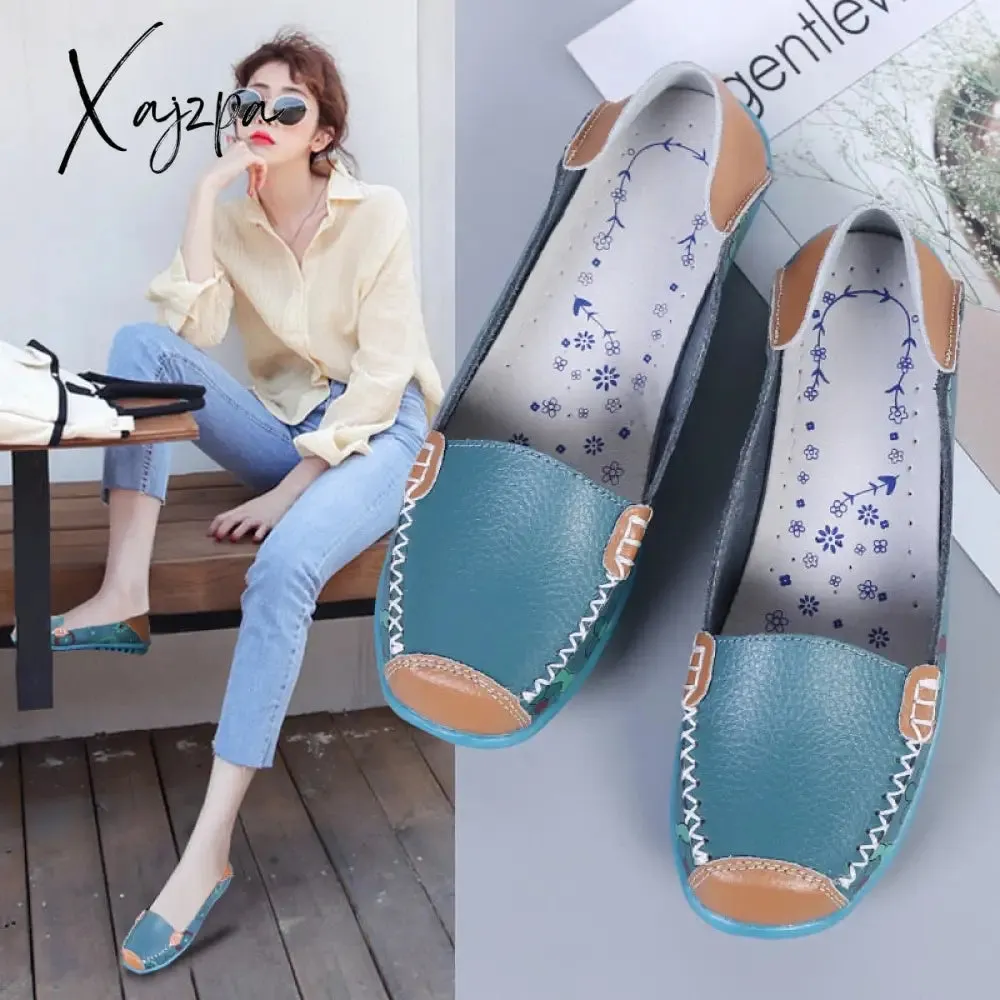 Xajzpa - spring autumn women flats genuine leather shoes slip on ballet flats women flats print woman shoes moccasins loafers shoes